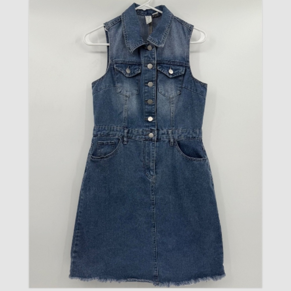 Joie Dress Women Medium Blue Denim Jean Buttons Collared Raw Hem Pockets
